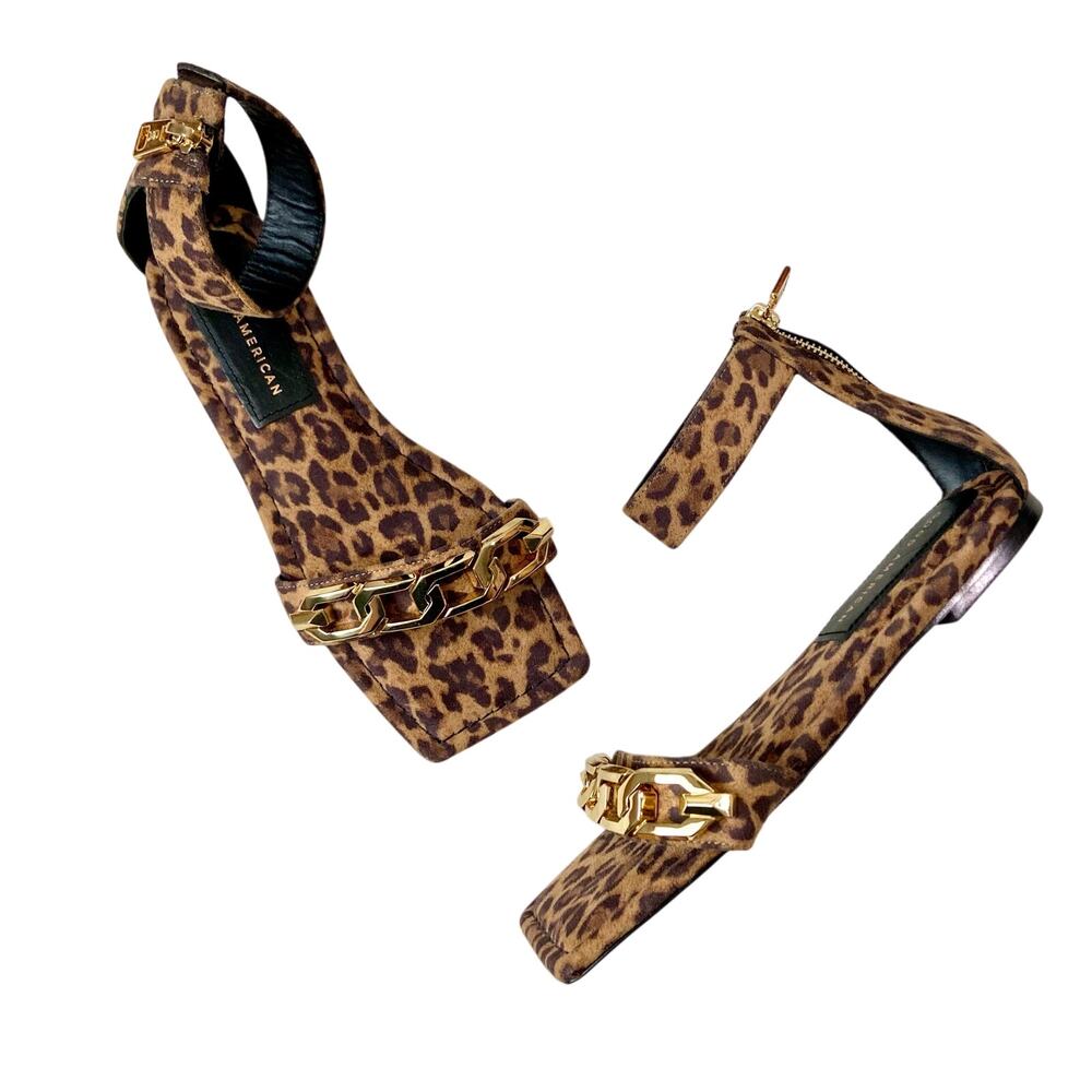 Good American Leopard Print Chain Ankle Strap Sandals